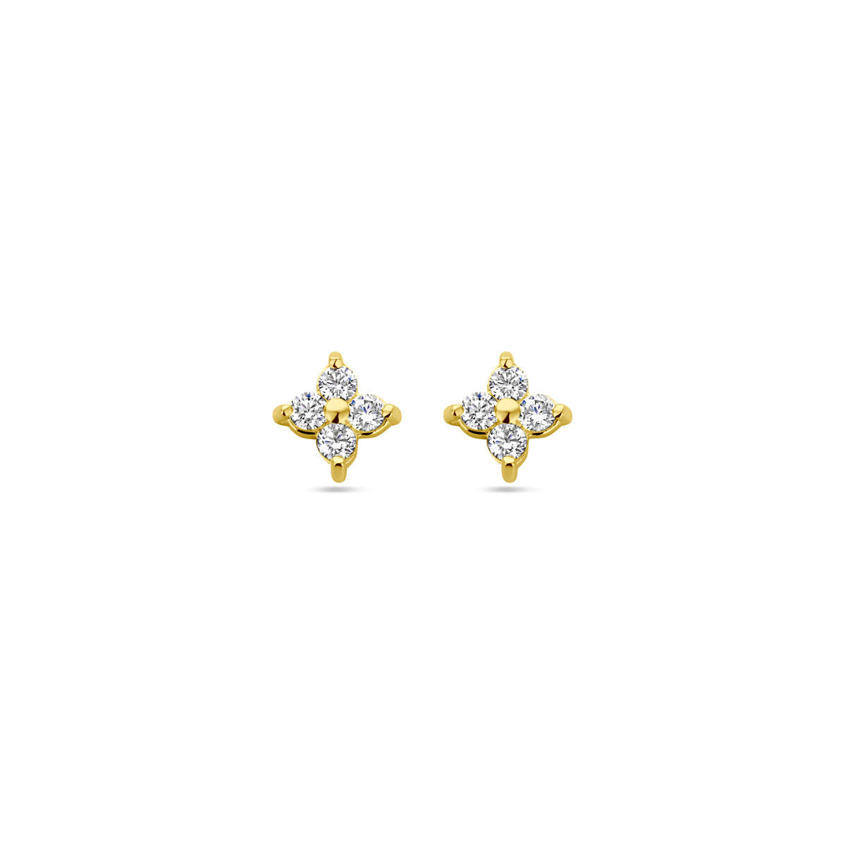 Orecchini a forma di fiore in argento dorato con zirconi trasparenti.