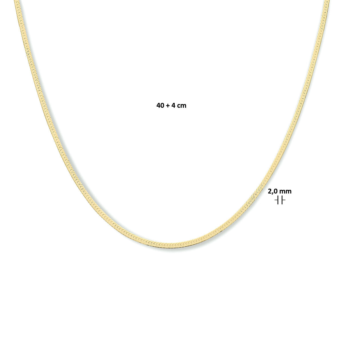 Het collier slang plat 2,0 mm (40 + 4 cm) van Van der Kooij Collectie is zilver verguld (geel, 3 micron) en wordt elegant gepresenteerd op een witte achtergrond; perfect als stijlvol accessoire voor elke gelegenheid.