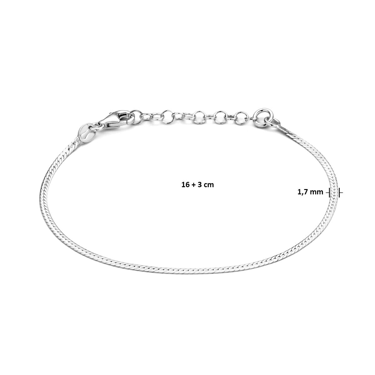 bracciale piatto 1,7 mm 16 + 3 cm argento rodiato