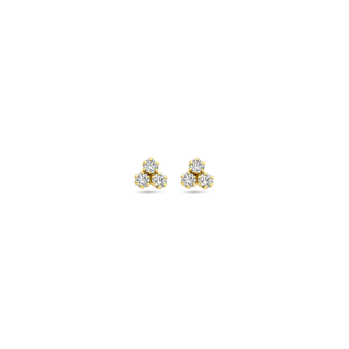 Orecchini in oro giallo 14K con zirconi da 4,5 mm, design a tre pietre.