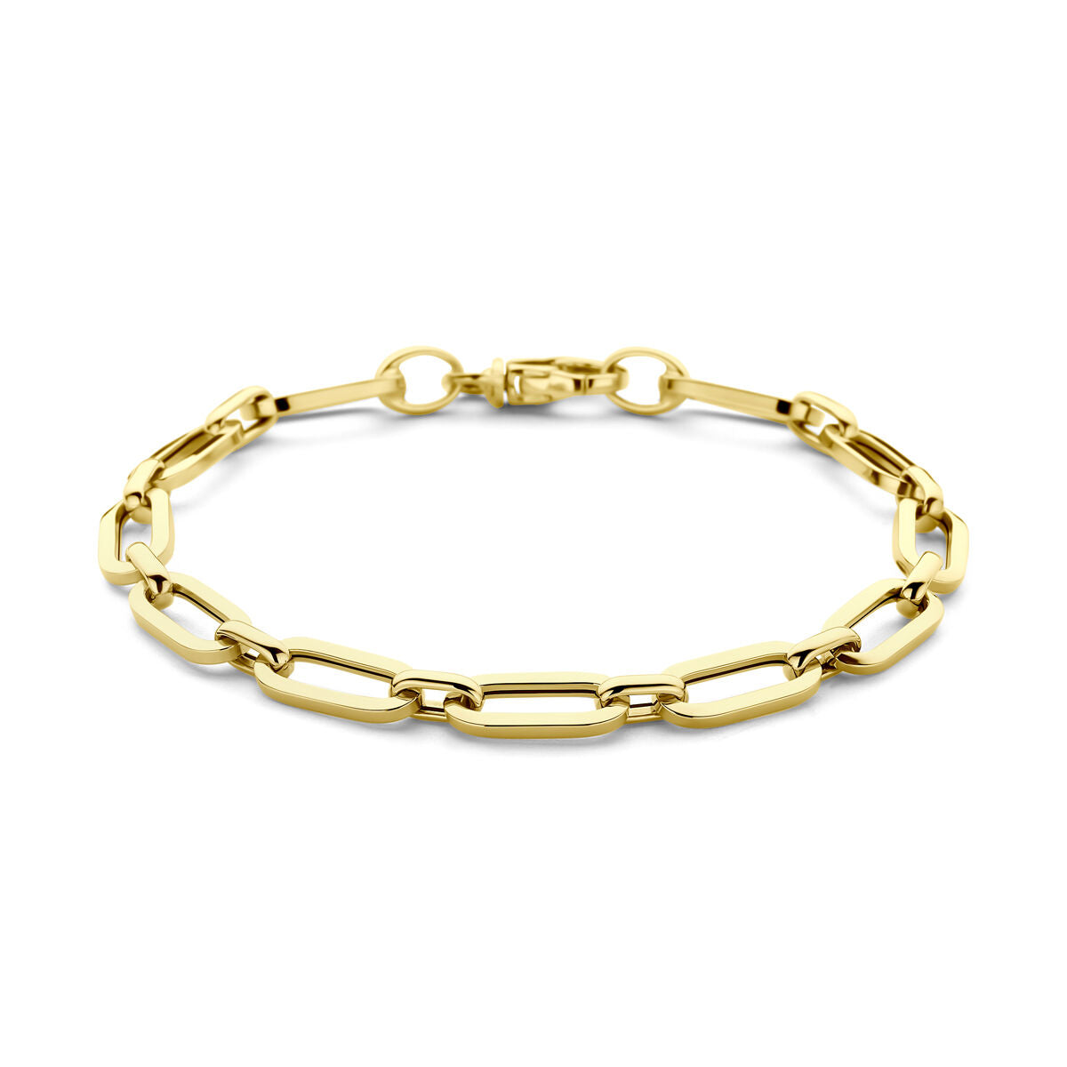 Bracciale in oro giallo 14K con maglie a forma di clip di carta, largo 6,0 mm e lungo 19 cm.