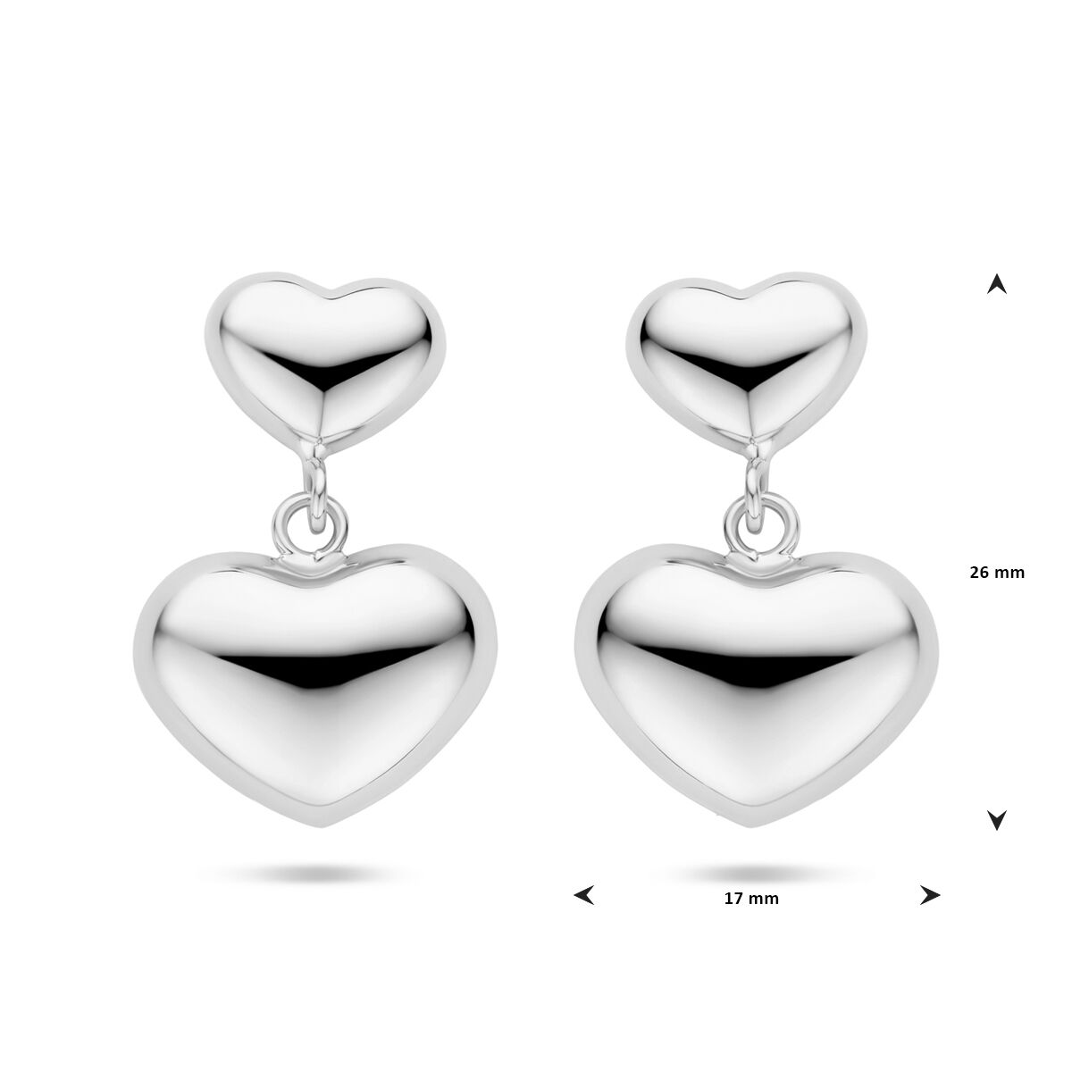 orecchini pendenti cuoricini 26 mm argento rodiato