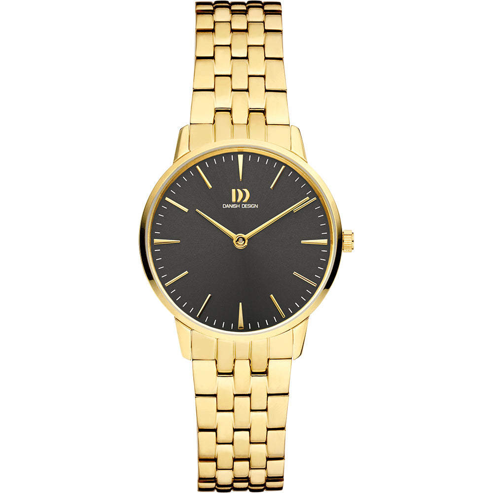 Orologio da donna con quadrante nero e cassa dorata, bracciale in maglia rolò.
