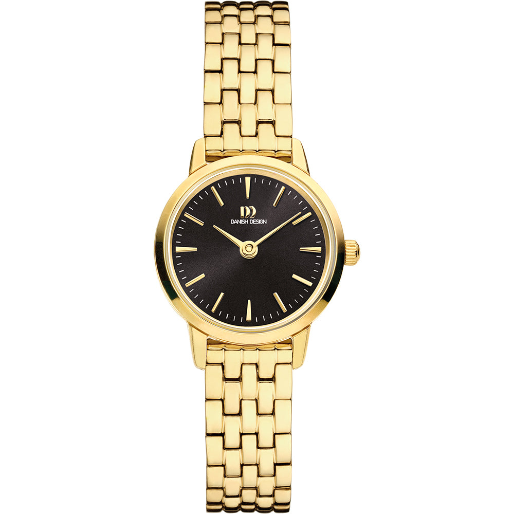 Orologio da donna con quadrante nero, cassa dorata e bracciale a maglia rolò.