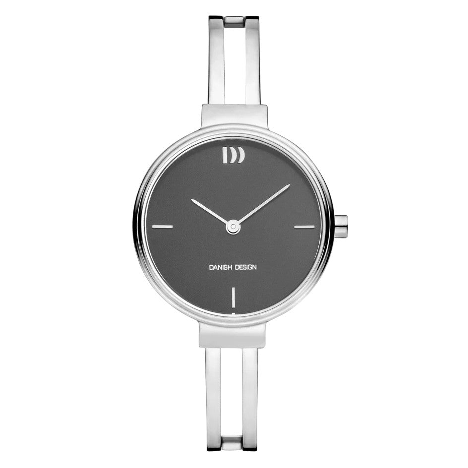 Orologio con cassa argentata, quadrante grigio e cinturino in acciaio lucido.