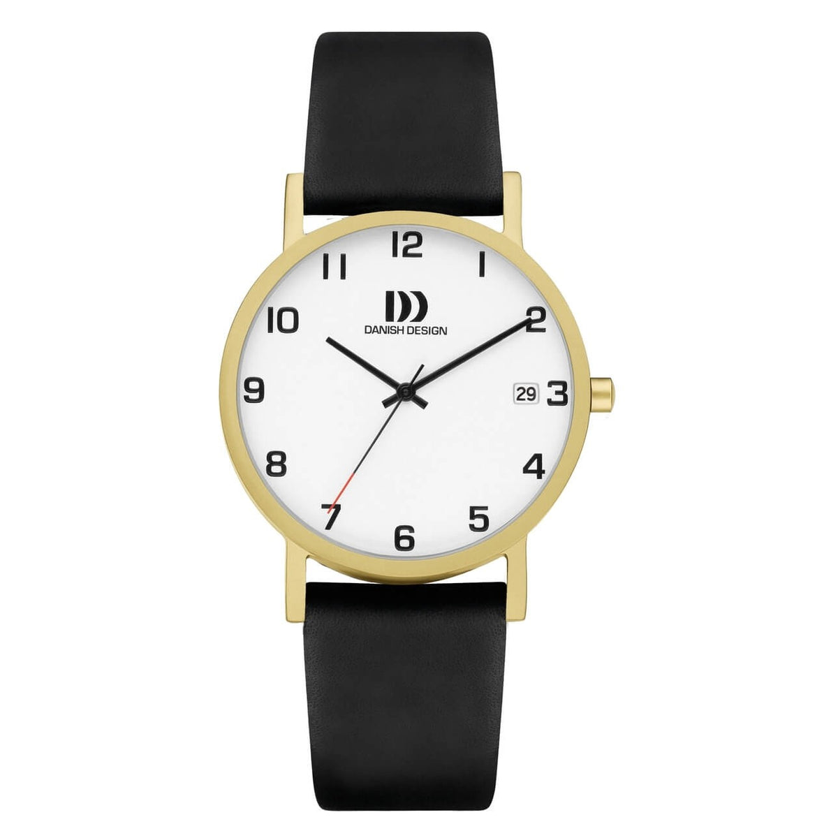 Orologio con cassa dorata, quadrante bianco e cinturino nero in pelle.