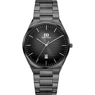 Orologio da uomo con quadrante grigio, cassa e cinturino in acciaio inossidabile, dettagli a righe.