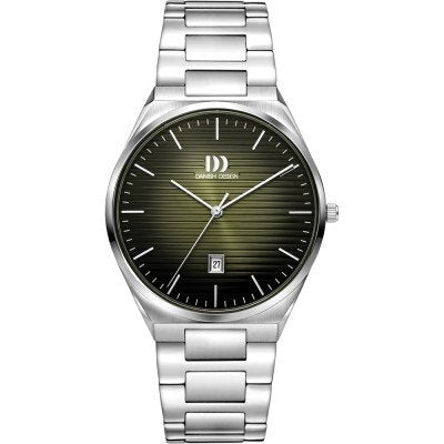 Orologio da uomo con cassa in acciaio inox, quadrante verde con linee orizzontali e datario.