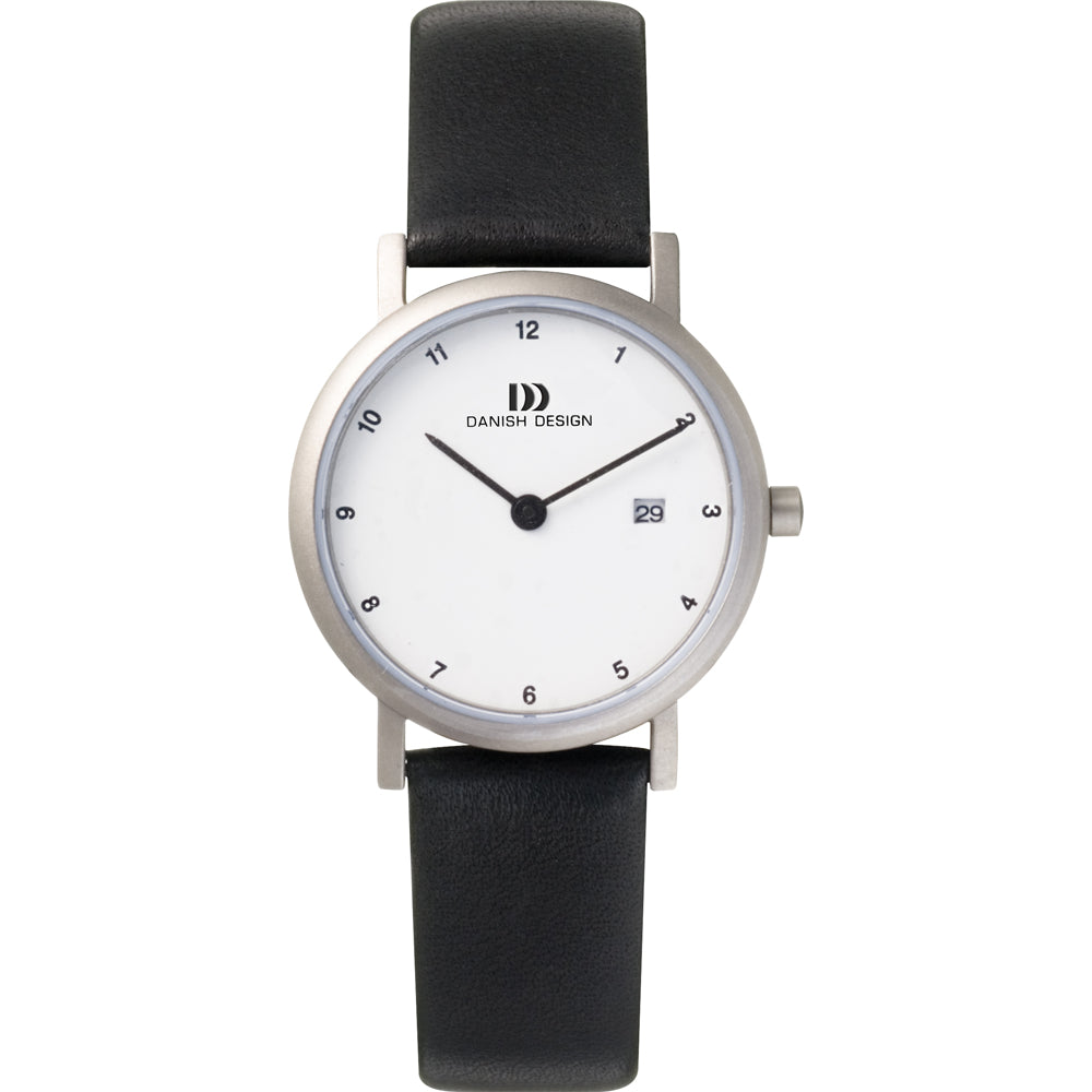 Orologio con cassa argentata, quadrante bianco, cinturino in pelle nera e datario.