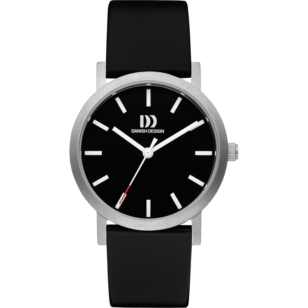 Orologio con cassa argentata, quadrante nero e cinturino in silicone nero.