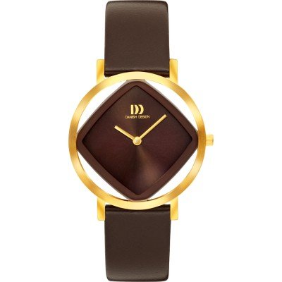 Orologio con quadrante a forma di diamante marrone e cassa dorata, cinturino in pelle marrone.