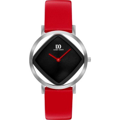 Orologio con quadrante nero a forma di diamante, cassa in acciaio e cinturino rosso.