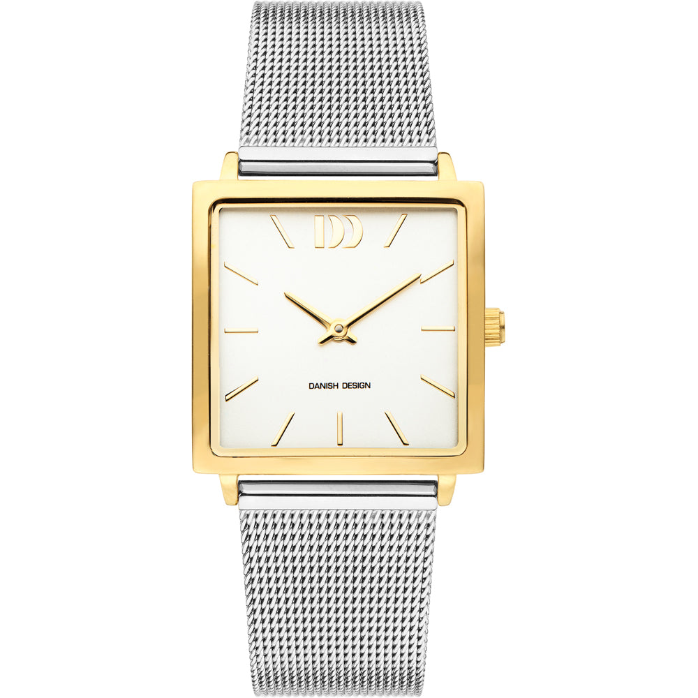 Orologio quadrato con cassa dorata, quadrante bianco e cinturino in maglia d'acciaio.