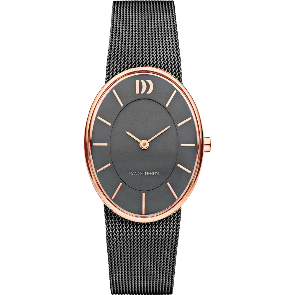Orologio da donna con quadrante grigio, cassa ovale in rosé e cinturino in maglia metallica.