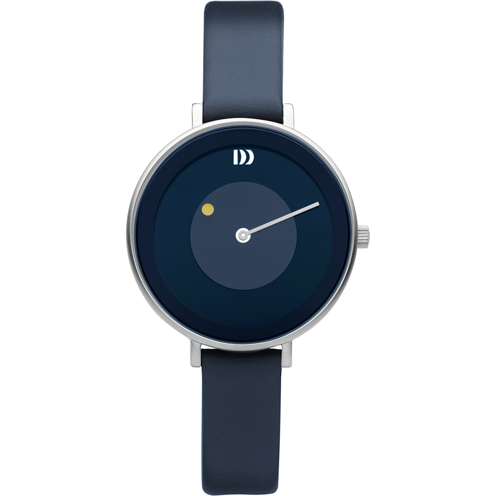 Orologio con quadrante blu e cinturino in pelle blu, design minimalista con lancetta bianca.