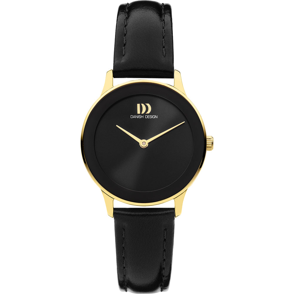 Orologio con cassa dorata, quadrante nero e cinturino in pelle nera.