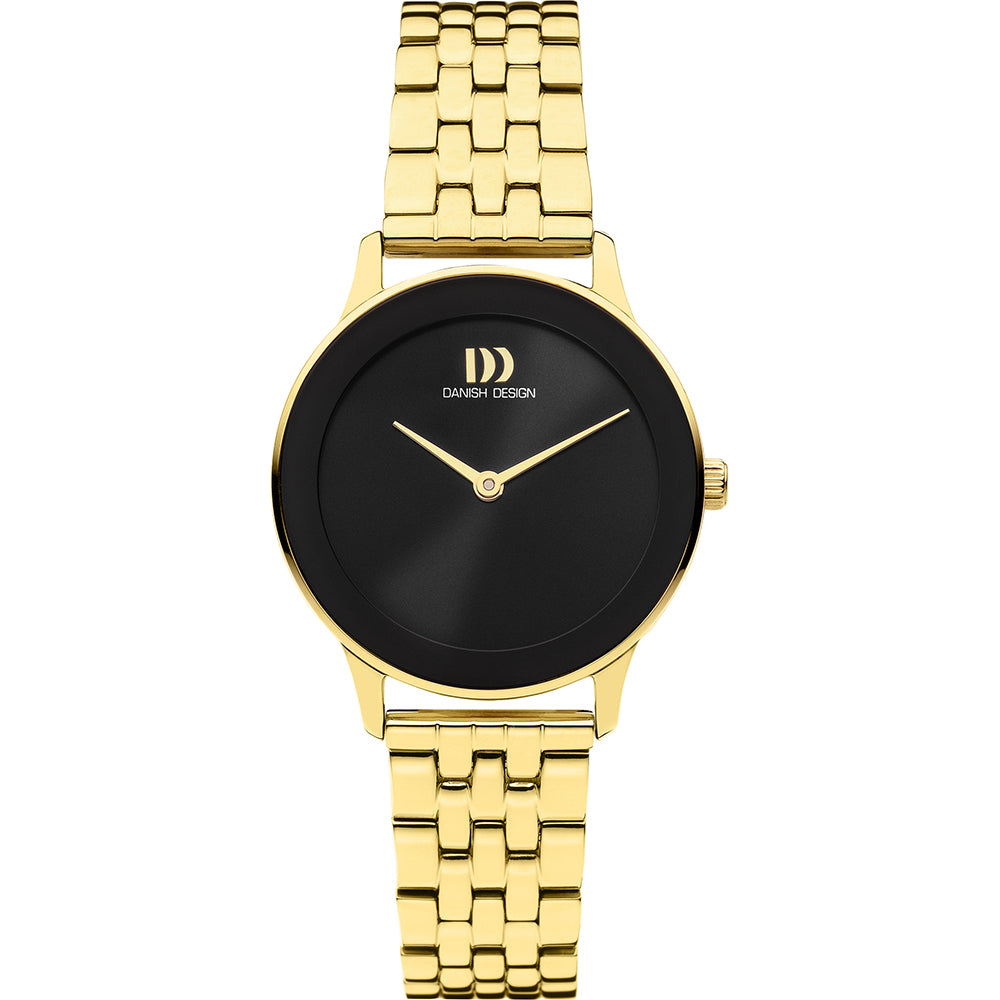 Orologio da donna con quadrante nero e cassa dorata, bracciale in maglia rolò.