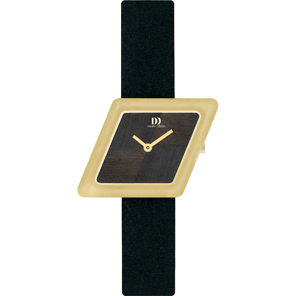 Orologio con cassa dorata e quadrante scuro, cinturino in pelle nera, design geometrico.