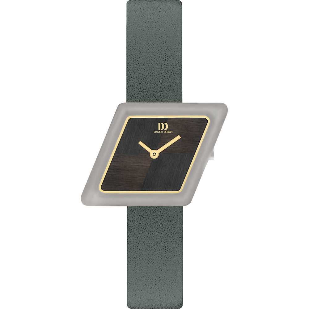 Orologio con quadrante geometrico, cassa trasparente, cinturino in pelle verde.