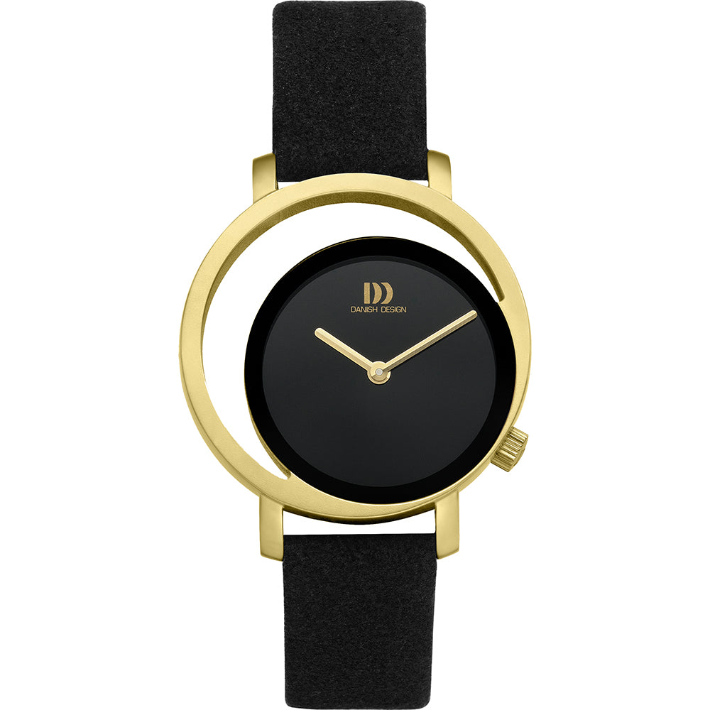 Orologio con cassa dorata, quadrante nero e cinturino in pelle nera.