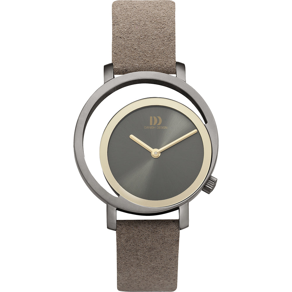 Orologio con cassa rotonda in acciaio grigio, quadrante grigio e cinturino in pelle beige.