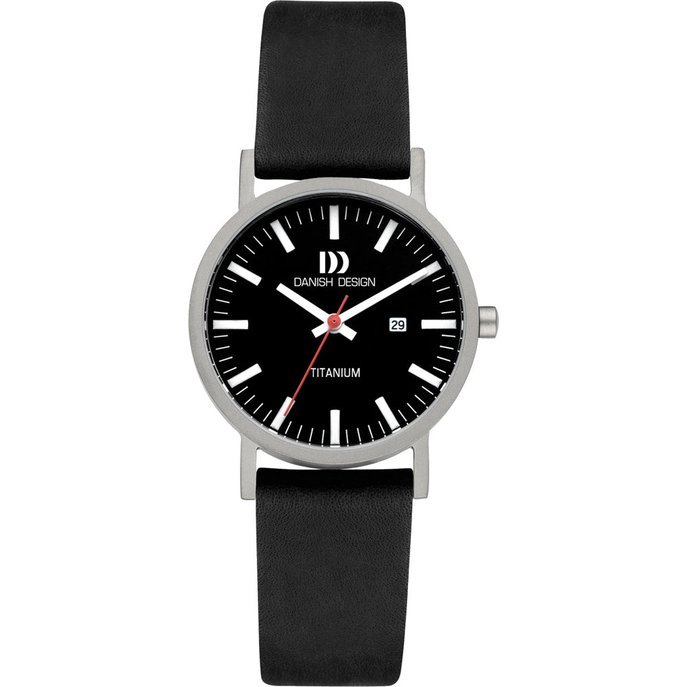 Orologio da donna con quadrante nero, cassa in titanio e cinturino nero.
