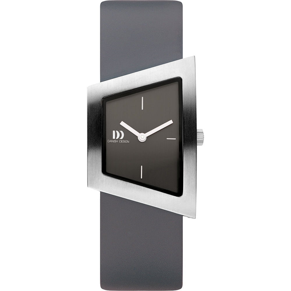 Orologio quadrato con cassa in acciaio inox e cinturino grigio, quadrante nero.