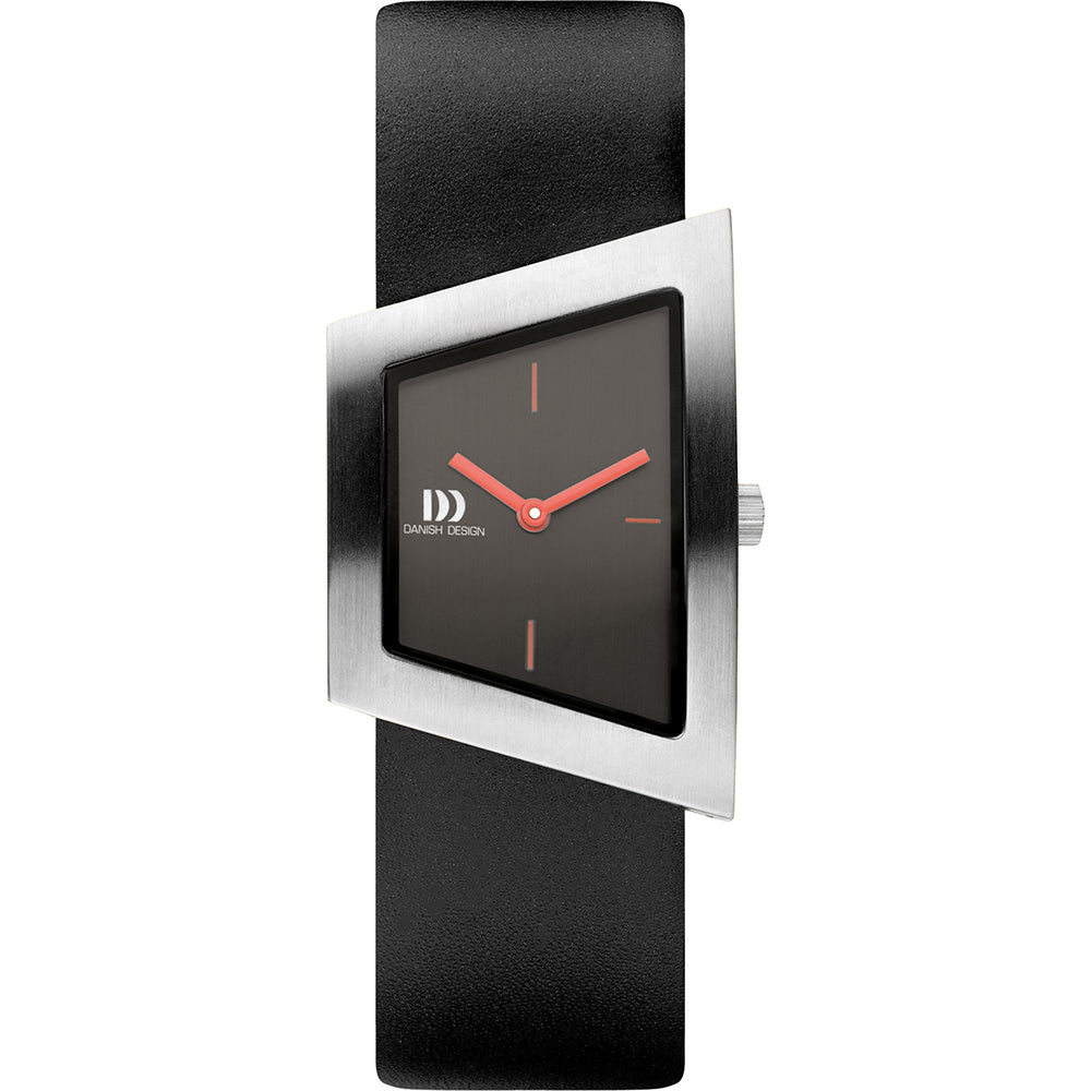 Orologio da donna con quadrante nero, cassa in acciaio e cinturino in pelle nera.