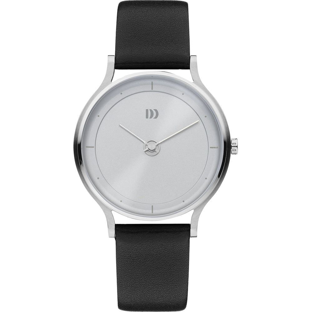 Orologio con cassa argentata, quadrante bianco e cinturino in pelle nera.