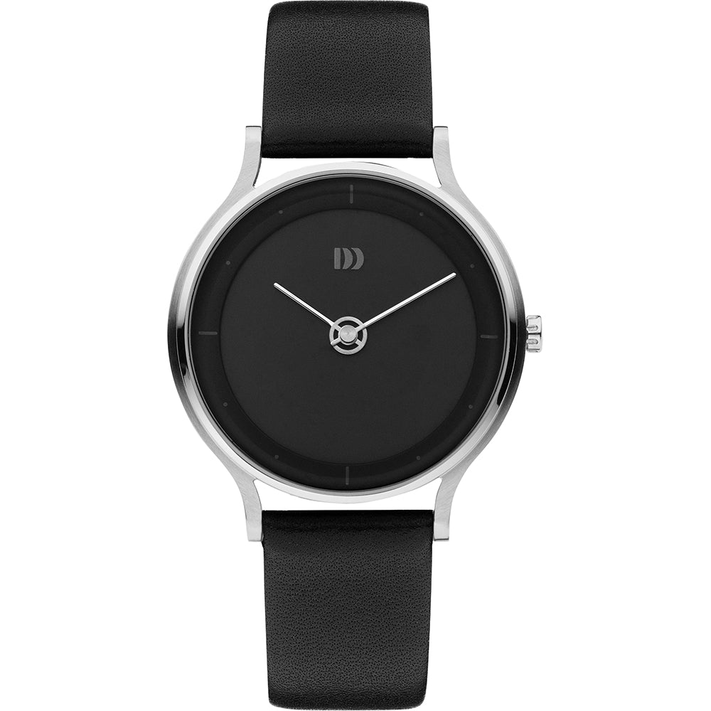 Orologio con quadrante nero, cassa in acciaio inox e cinturino in pelle nera.