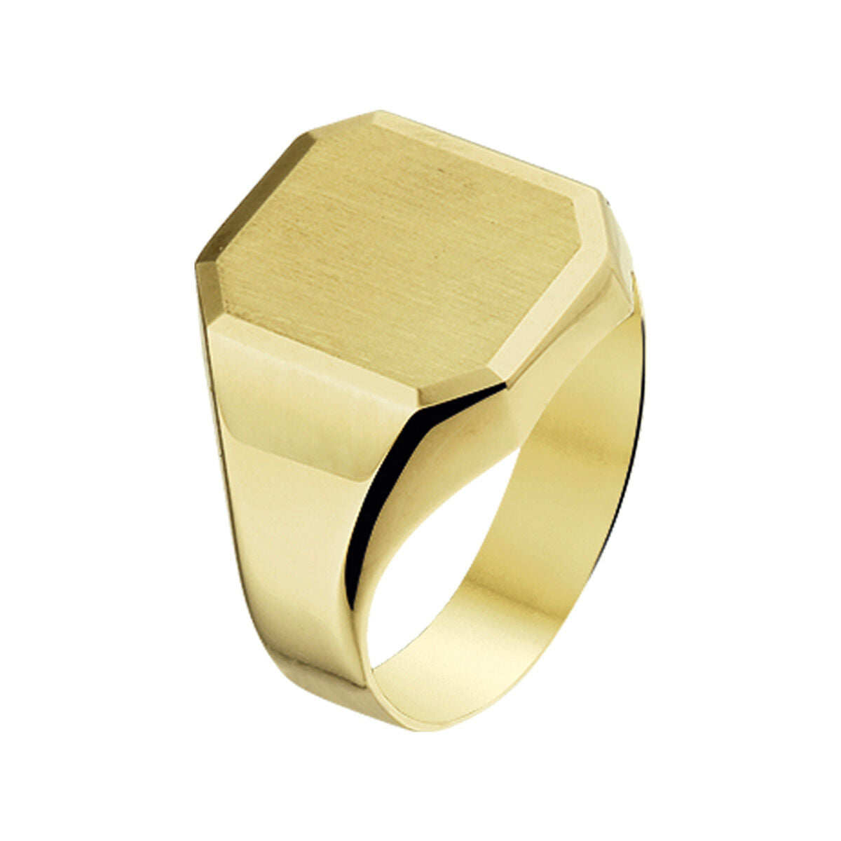 Anello in oro giallo 14K, finitura opaca e diamantata, forma esagonale.