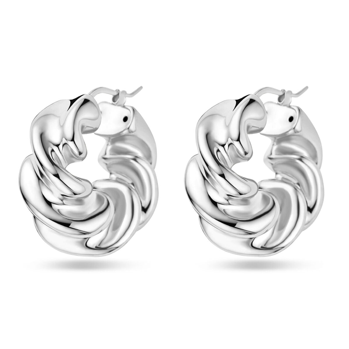Gedraaide oorringen van gerhodineerd zilver, 30 mm, met een glanzende afwerking en organische vorm.