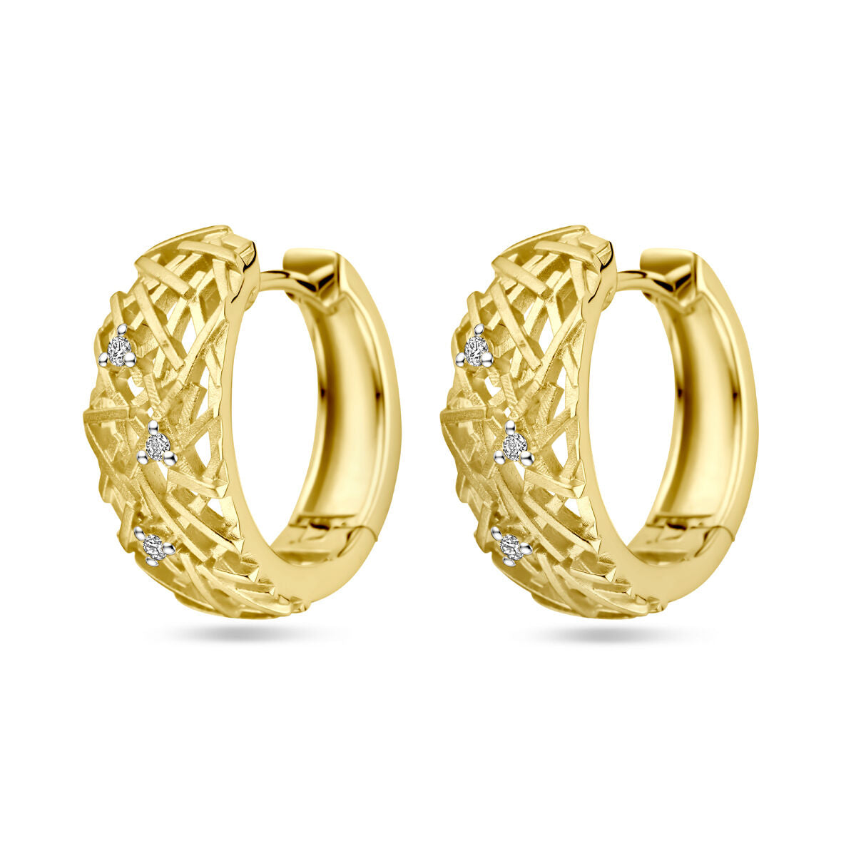 Orecchini alla creola in oro giallo 14K con diamanti da 0,05 ct, design intrecciato.