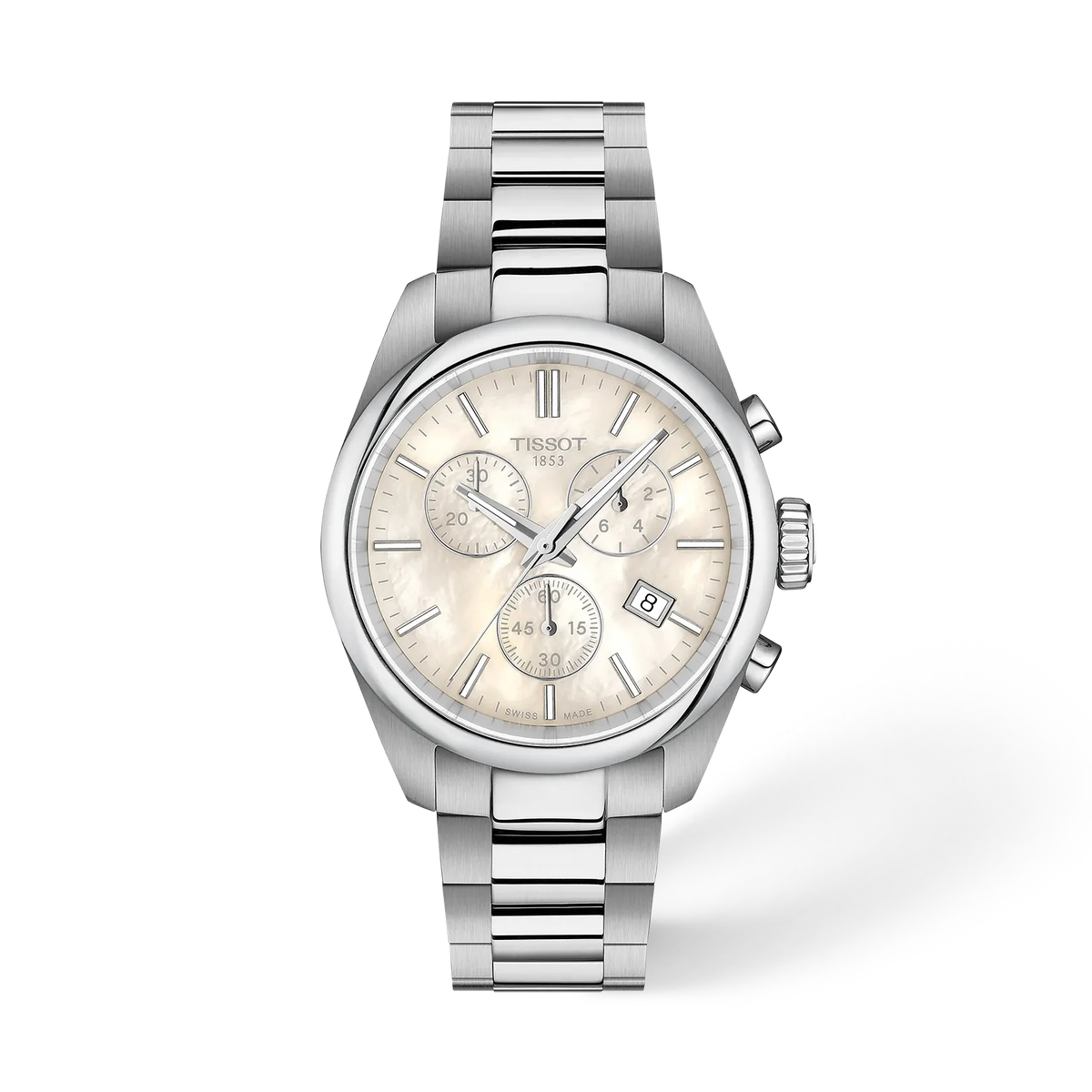 Orologio Tissot PR 100 da 36 mm con cassa in acciaio inox e quadrante chiaro, dotato di cronografo e datario.