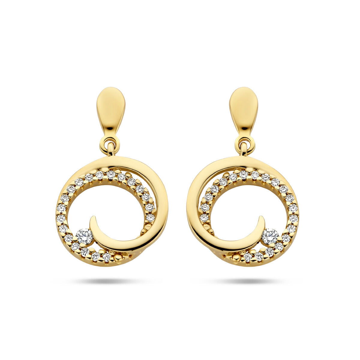 Orecchini a cerchio in oro giallo 14K con diamanti da 0,14 ct (2x0,07 ct) in un design ondulato.