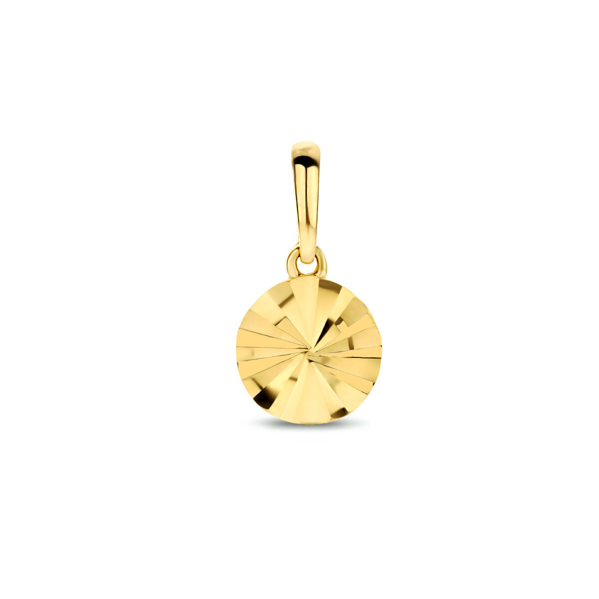 Ciondolo rotondo in oro giallo 14K, con superficie diamantata e finitura lucida.