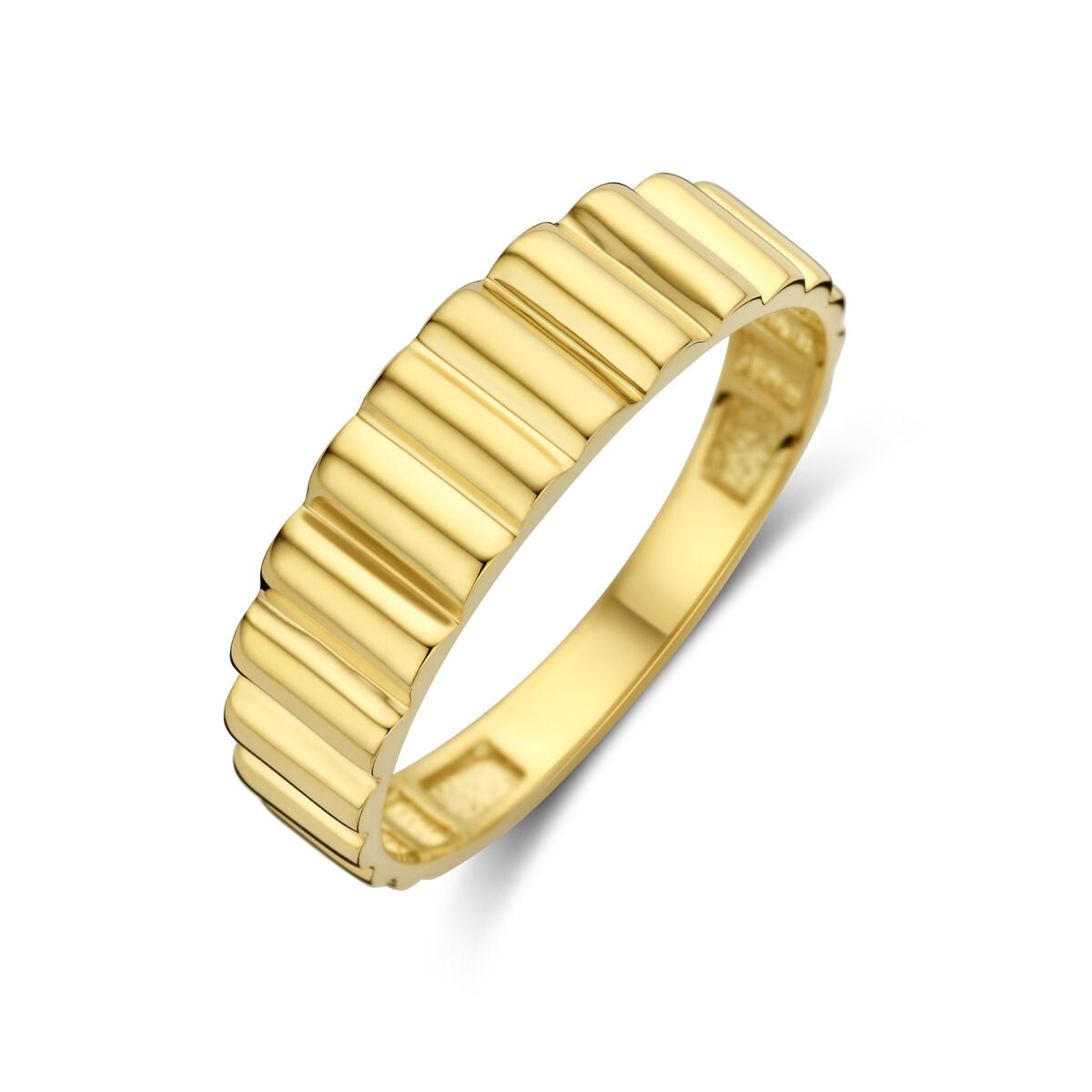 anello in oro giallo 14K con finitura rigata e forma ondulata