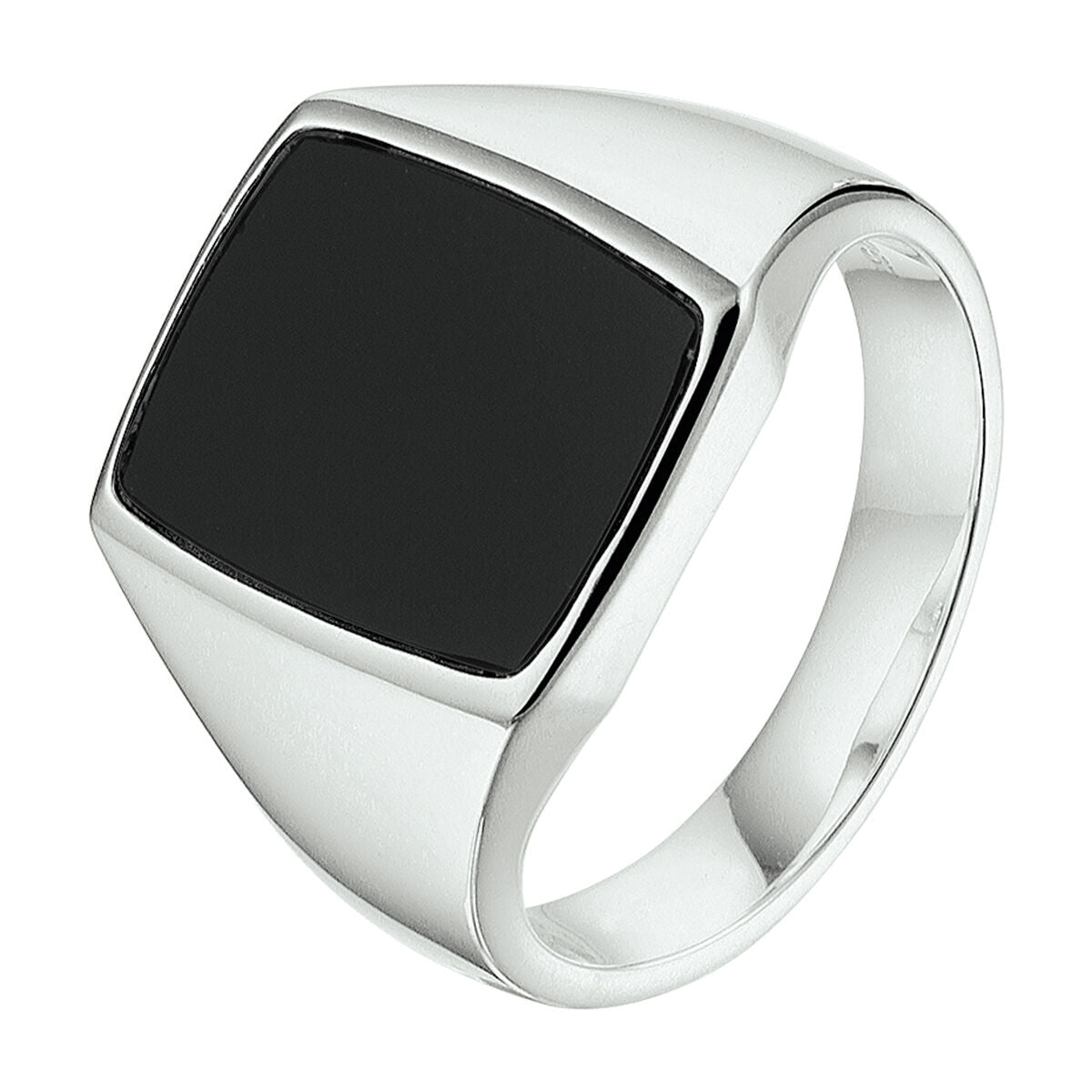 Anello con sigillo in argento bianco con onice massiccio nero.
