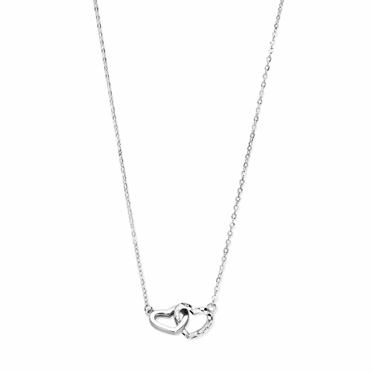 Collana in argento rodiato con pendente a forma di cuori incastonati.