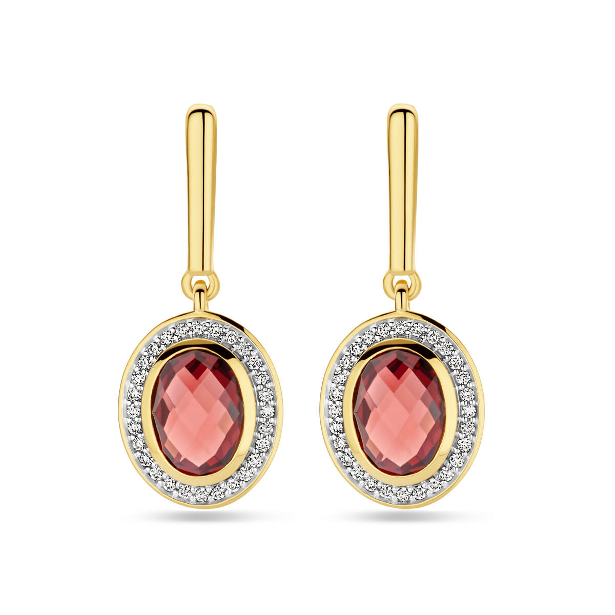 Orecchini in oro giallo 14K con granato rosa ovale e diamanti, montati a goccia.
