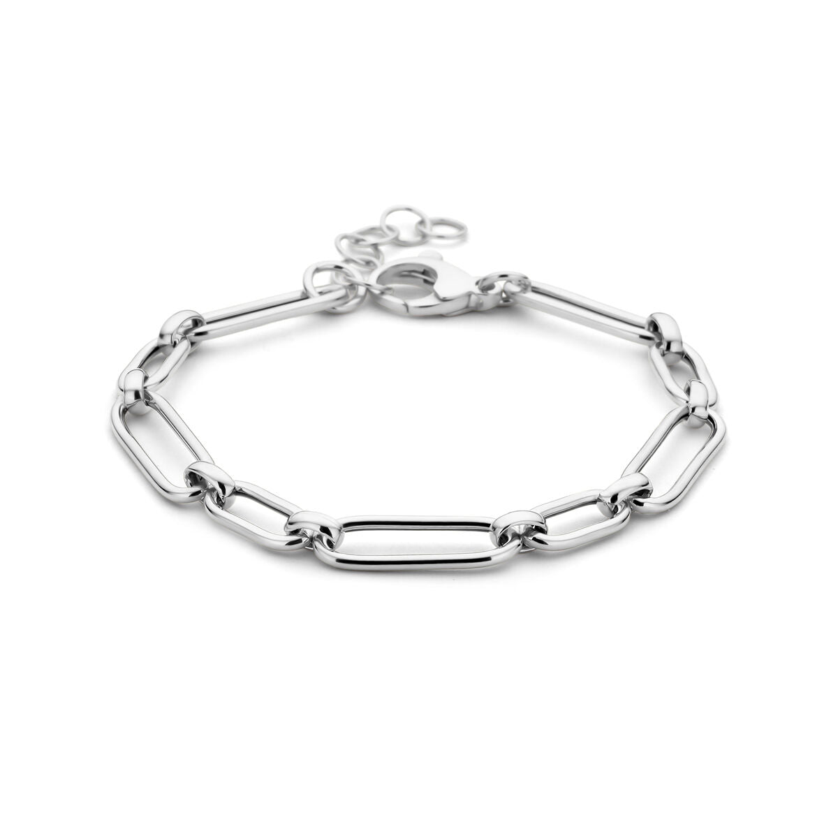 Bracciale da donna in argento rodiato con maglie ovali e chiusura a moschettone.