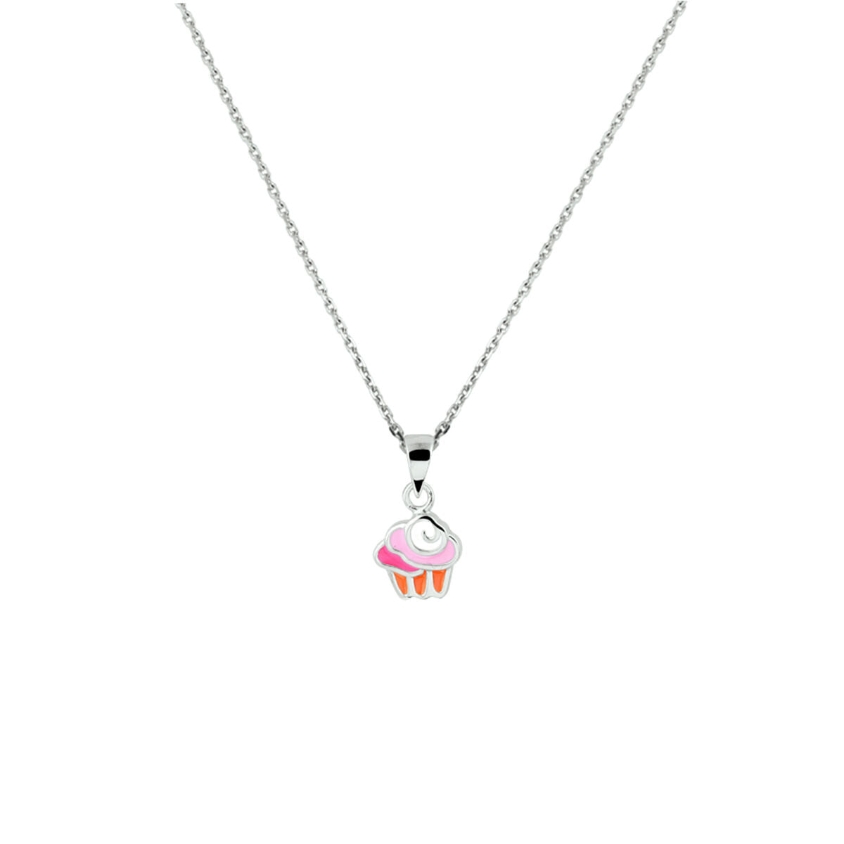 Collana in argento rodiato con ciondolo a forma di cupcake colorato.