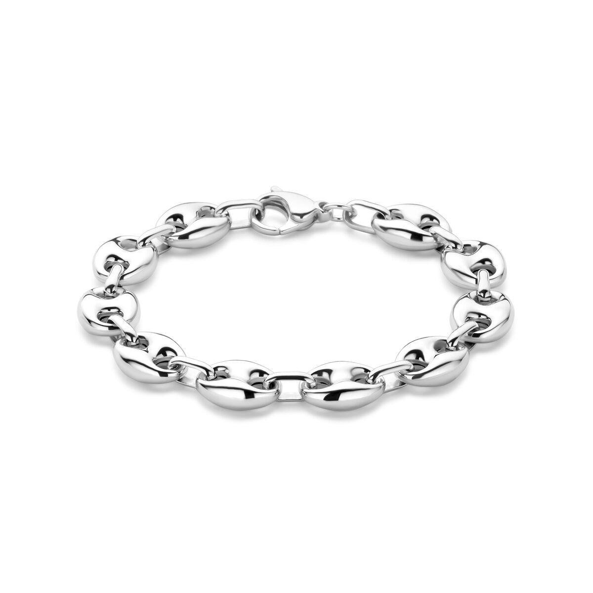 Bracciale in argento rodiato con maglie a forma di chicco di caffè, lunghezza 20 cm.