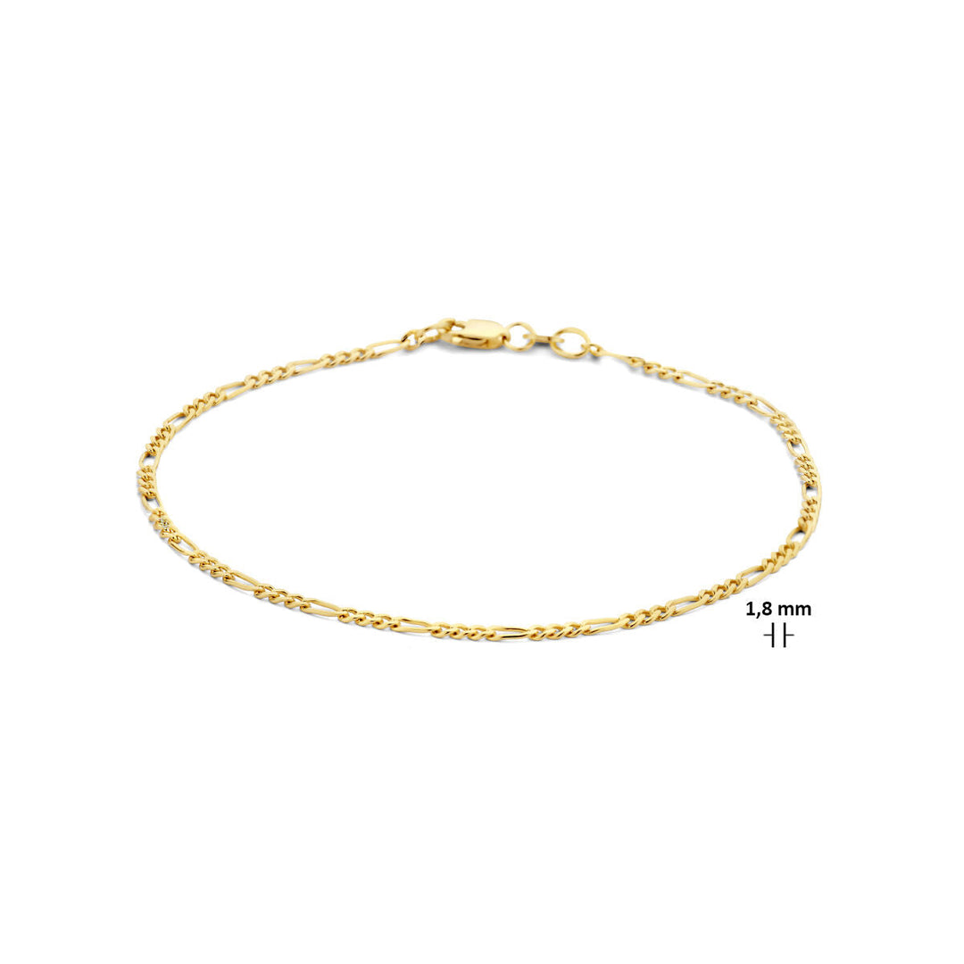 De Van der Kooij Collectie armband figaro 1,8 mm is een delicate 14K geelgouden armband met karabijnsluiting, elegant weergegeven op een witte achtergrond.