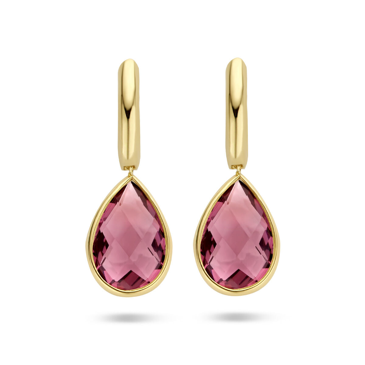 Orecchini pendenti in oro giallo 14K con pietra di quarzo rodolite a forma di goccia.