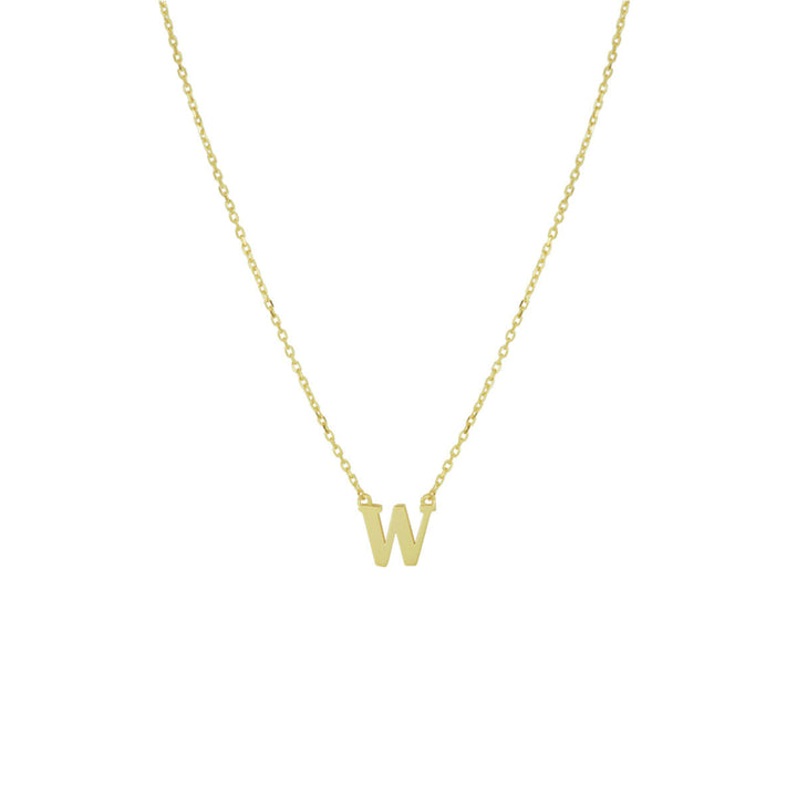 De Gouden dames ketting letter 14K van Van der Kooij Collectie is een verfijnd 14k geelgouden collier met gepersonaliseerde letter W, ideaal als damescadeau. Afgebeeld op een eenvoudige witte achtergrond.