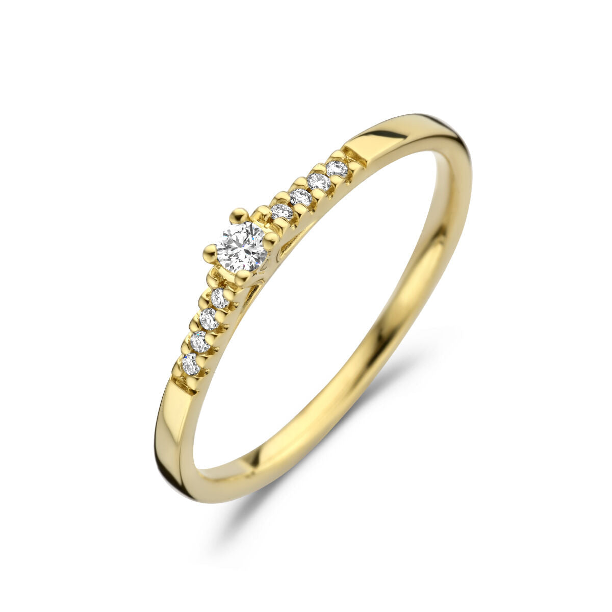 Anello in oro giallo 14K con diamante centrale da 0,07 ct e piccole pietre incastonate.