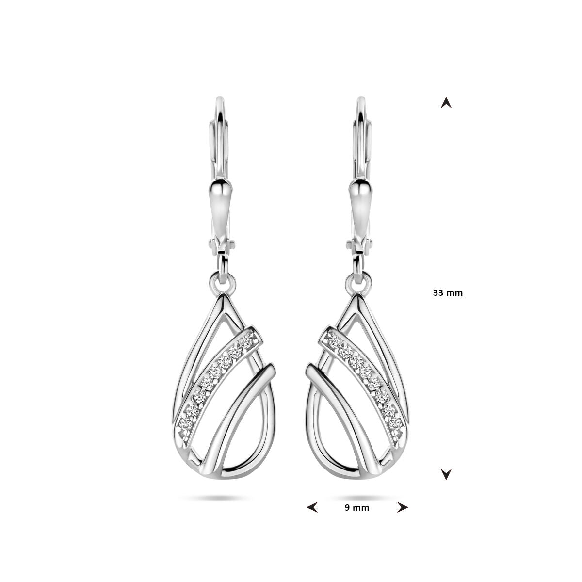 Orecchini pendenti a goccia con zirconia gancio brisur 33 mm argento rodiato