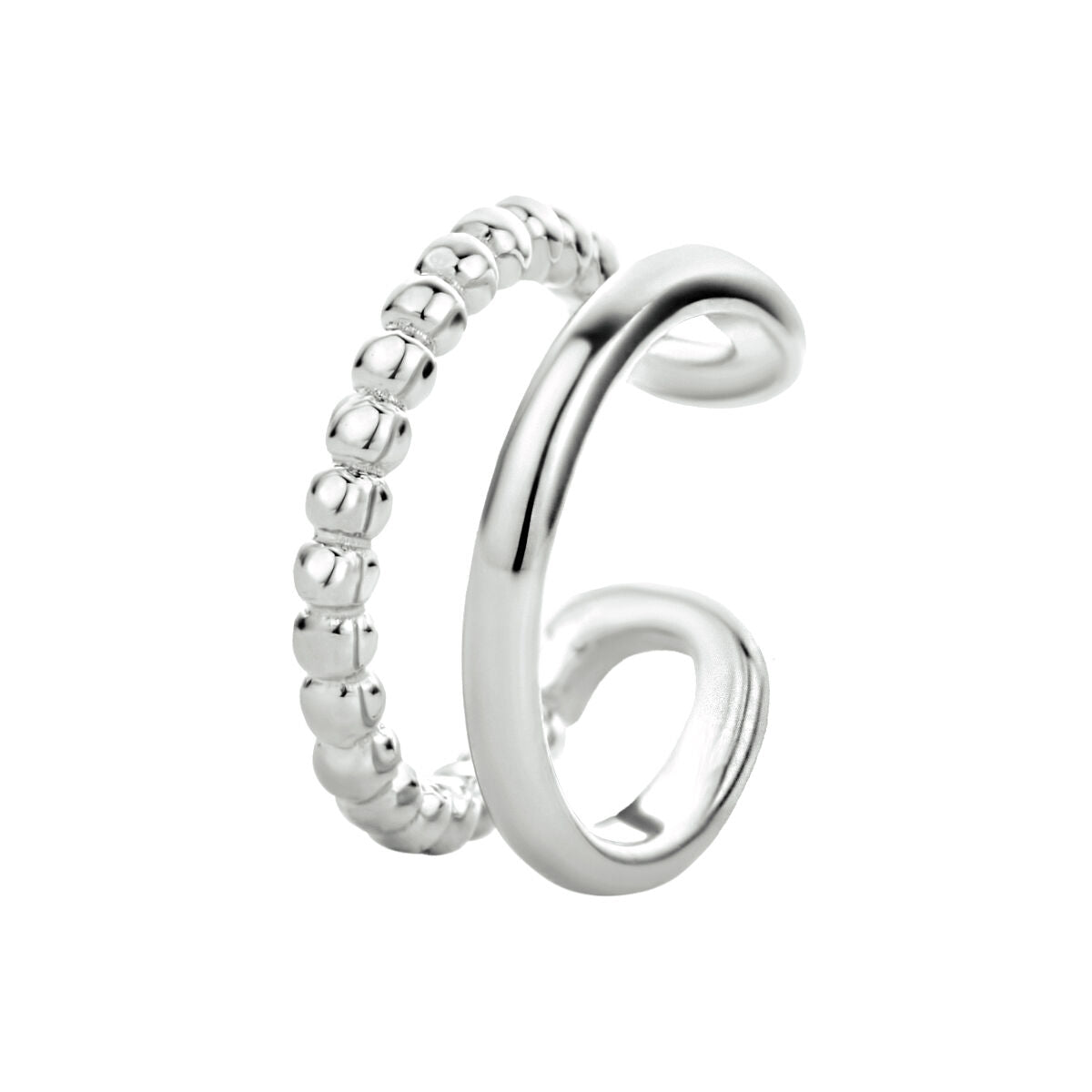 Orecchino cuff in argento rodiato con design a spirale e perline.