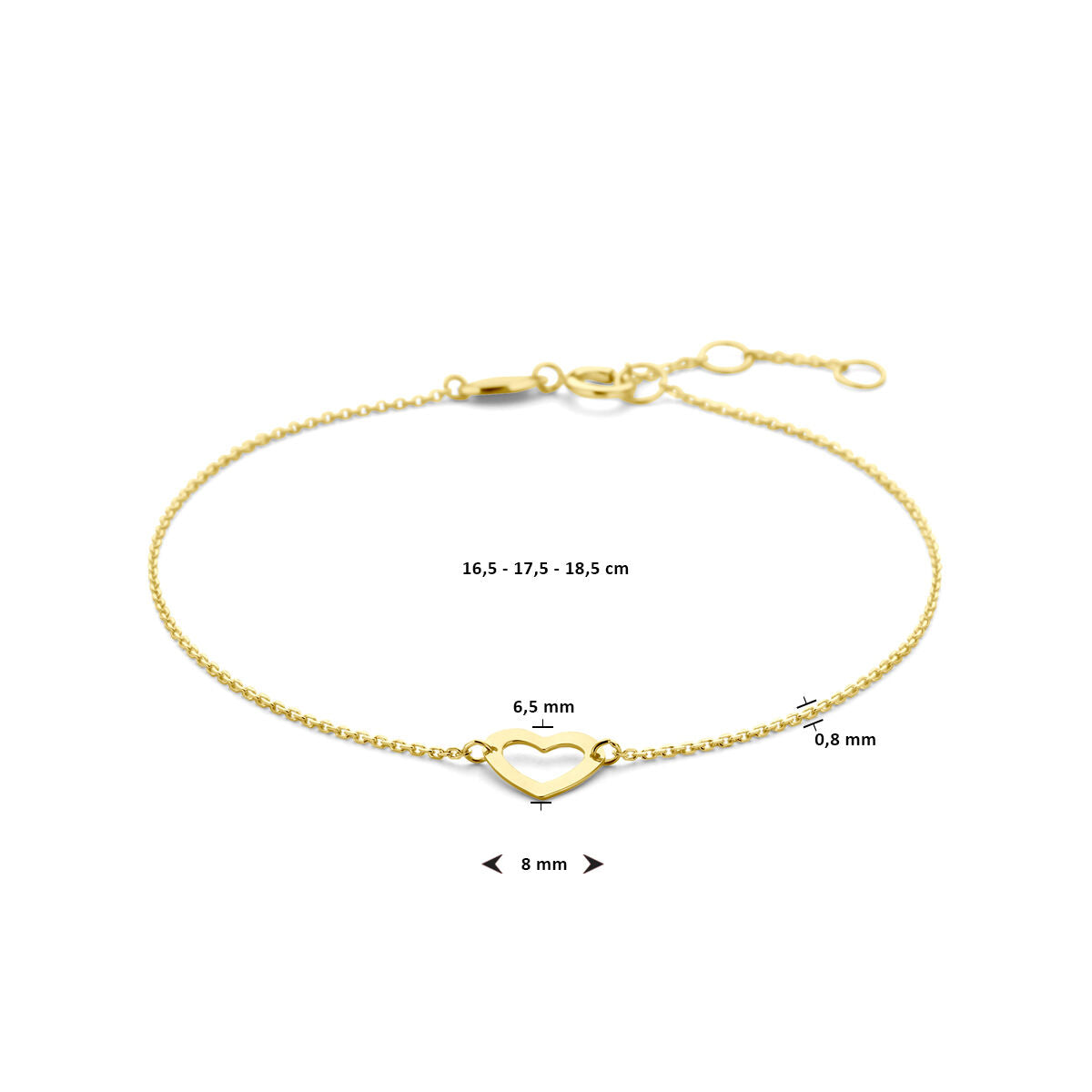 Bracciale cuore 16,5 - 17,5 - 18,5 cm oro giallo 14K